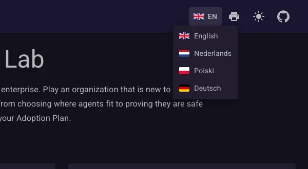 The top bar with the language menu open: English, Nederlands, Polski and Deutsch.