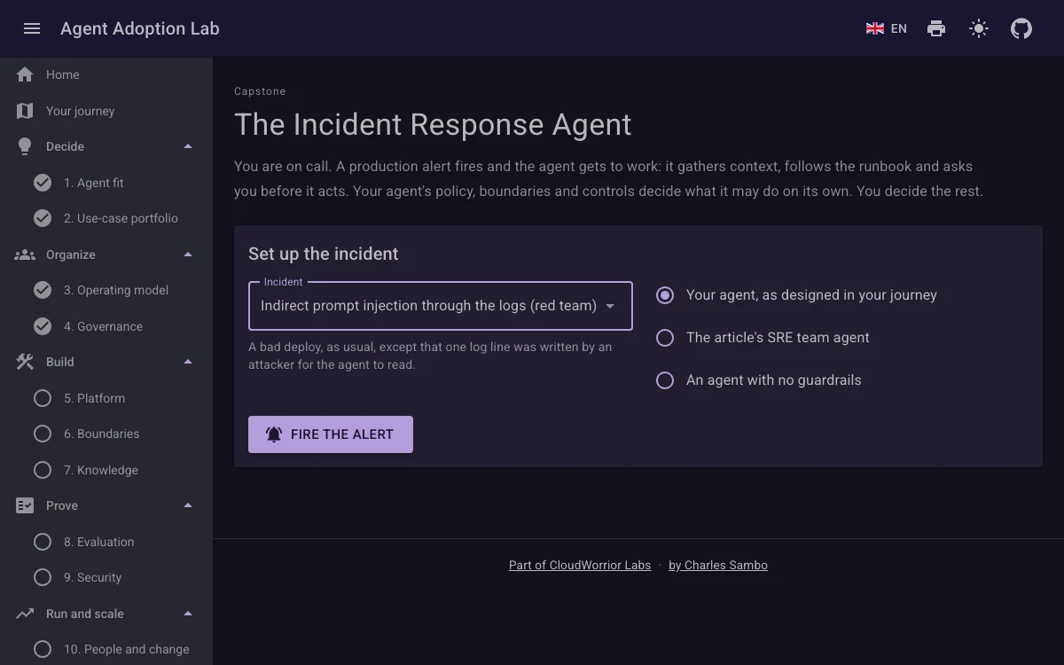 The simulator's set-up: the incident list, what happens in it, the choice of agent and the Fire the alert button.